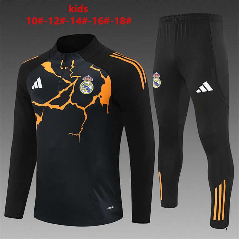 Real Madrid 2025/26 Black and Orange Half zipper training clothes Kid Size 10-18