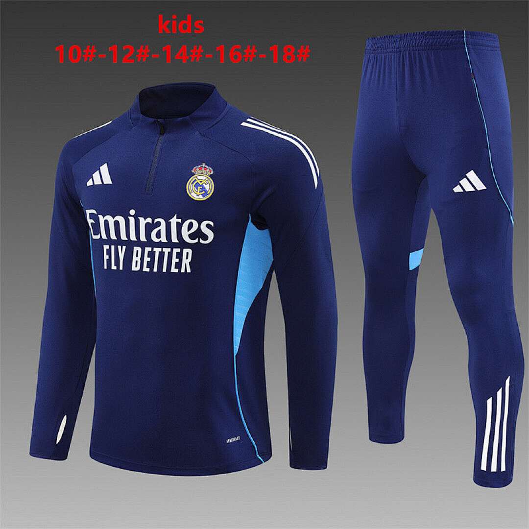 Real Madrid 2025/26 Dark Blue Half zipper training clothes Kid Size 10-18