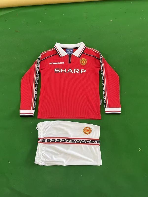 Retro Manchester united 1998/99 Home Long Sleeve kid kit size: 16-28