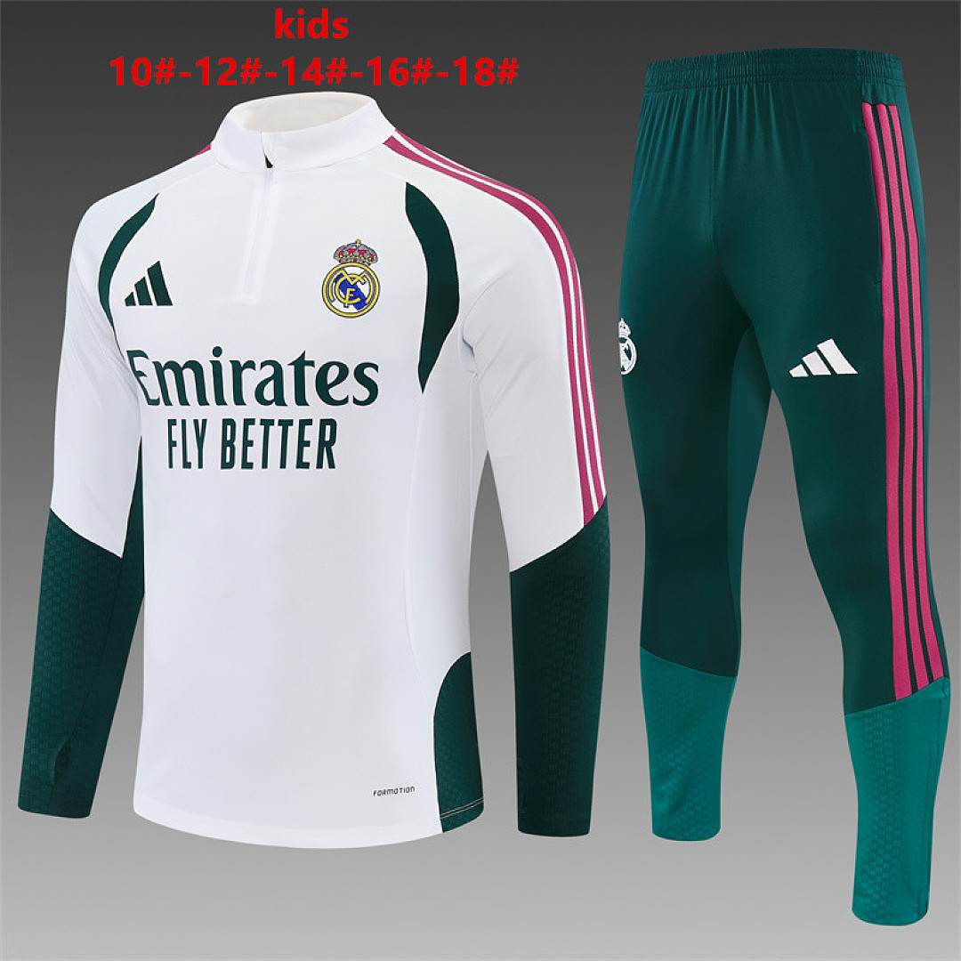 2026/27 Real Madrid White and Green Half Zip Training Suit Kids Size 10-18